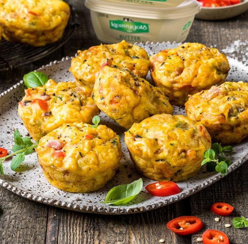Platter of cheddar veggie muffins, perfect for teacher lunches