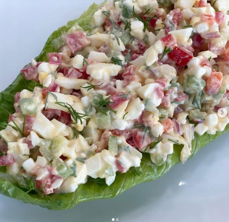 Lettuce leaf filled with egg salad made with cottage cheese