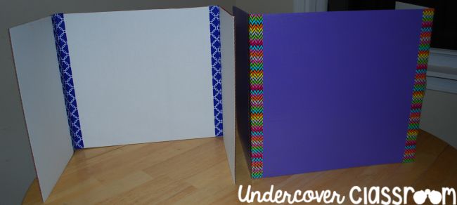 Tri-fold boards with colored duct tape decoration as an example of dollar store hacks for the classroom 