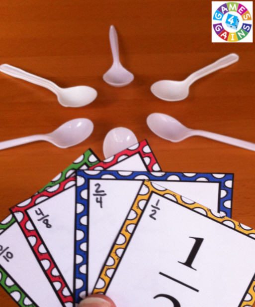 Fraction cards and plastic spoons as an example of dollar store hacks for the classroom 