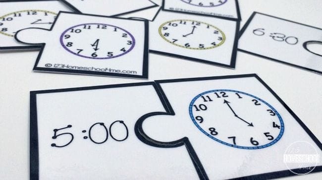Two-piece puzzles with clock faces and times