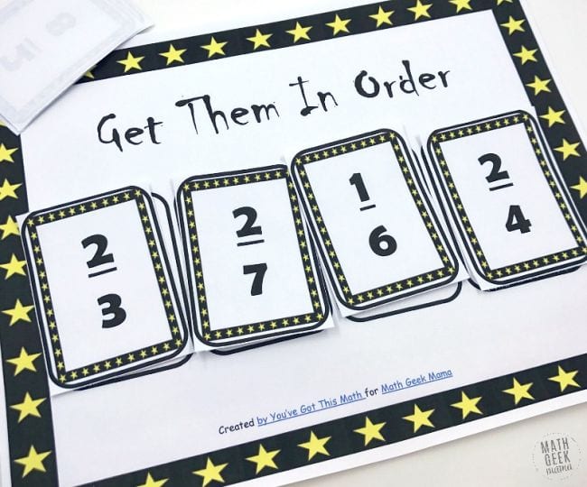 Get Them In Order fractions game, with four slots for different fractions to be placed in order from smallest to largest