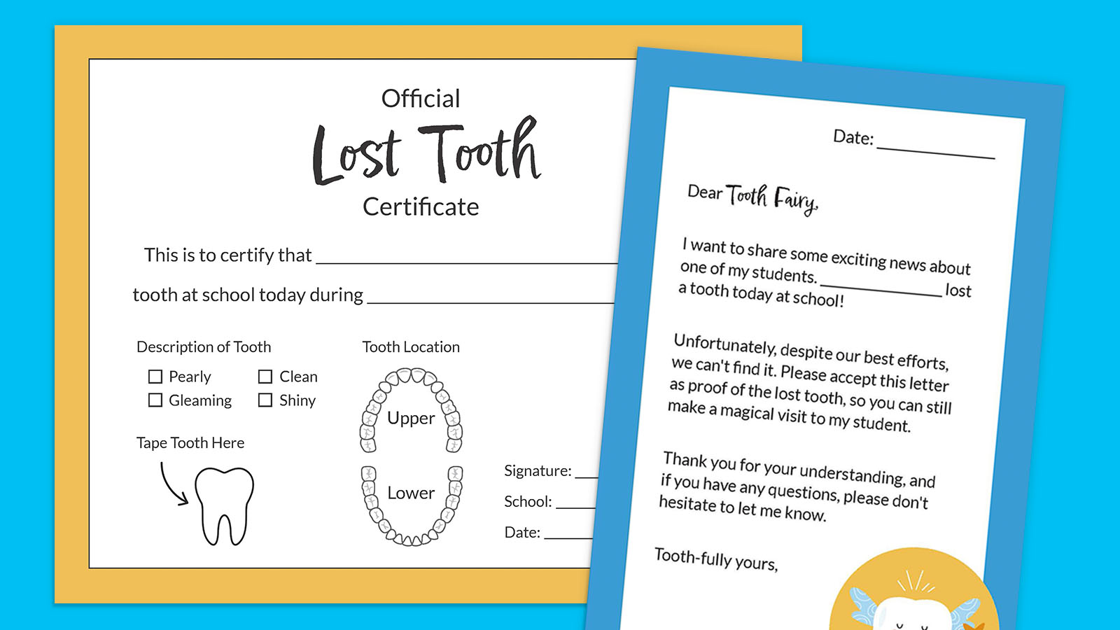 Tooth Fairy letter and lost tooth certificate from school.
