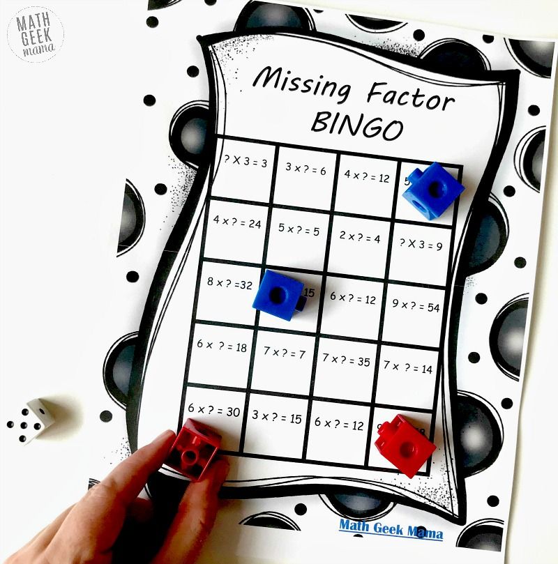 Missing Factor Bingo printable board, with each square containing a multiplication equation with a missing factor