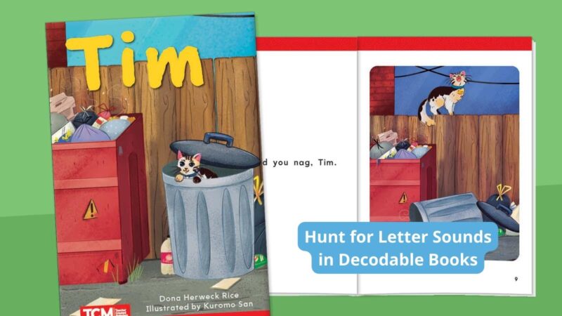 Decodable book called Tim featuring a cat hiding in a trash can.