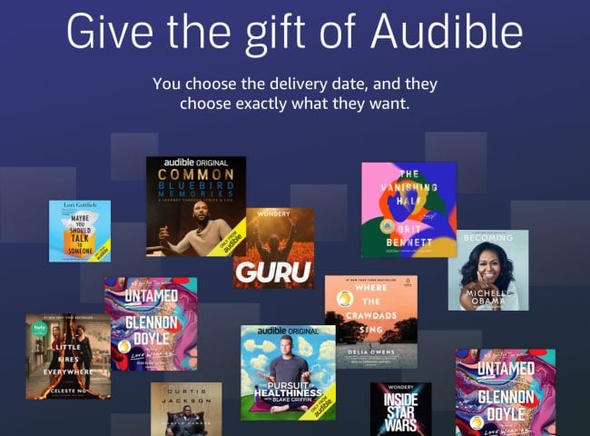 Collage of audiobooks with headline Give the gift of Audible 