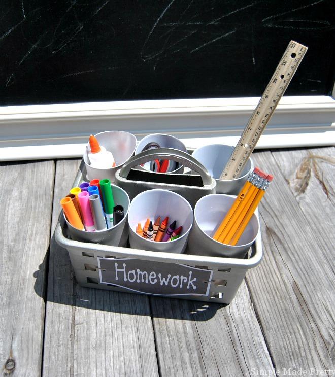 Homework station caddy as an example of dollar store hacks for the classroom Dollar Store Hacks