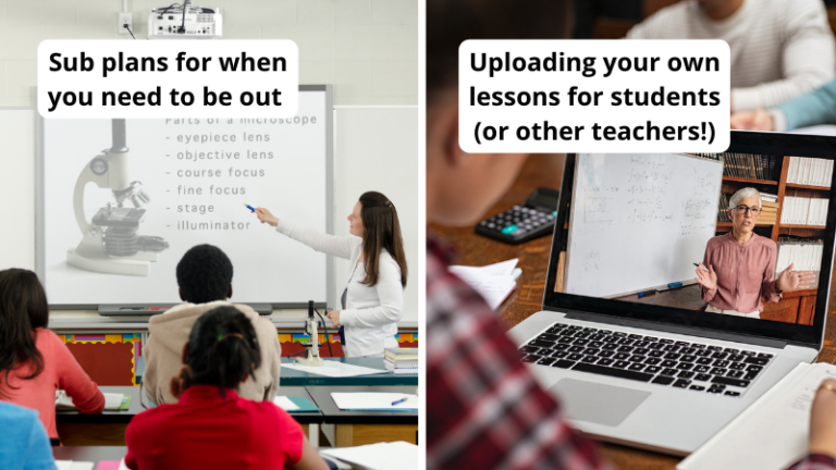 Paired photos of two ways to use Edpuzzle for sub plans and uploading lessons