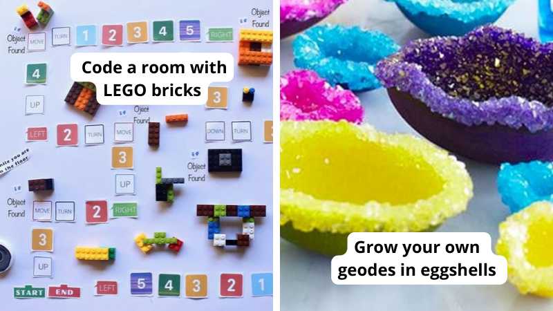 Examples of 6th grade science experiments: code a room with LEGO bricks and grow your own geodes from eggshells