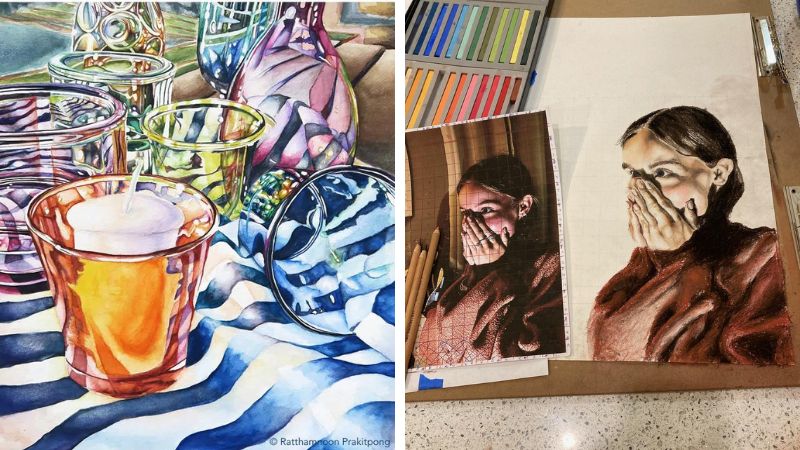 AP art portfolio examples including a photo of a girl touching her face next to a drawing of the same and a watercolor iamges of colored glass candle holders.