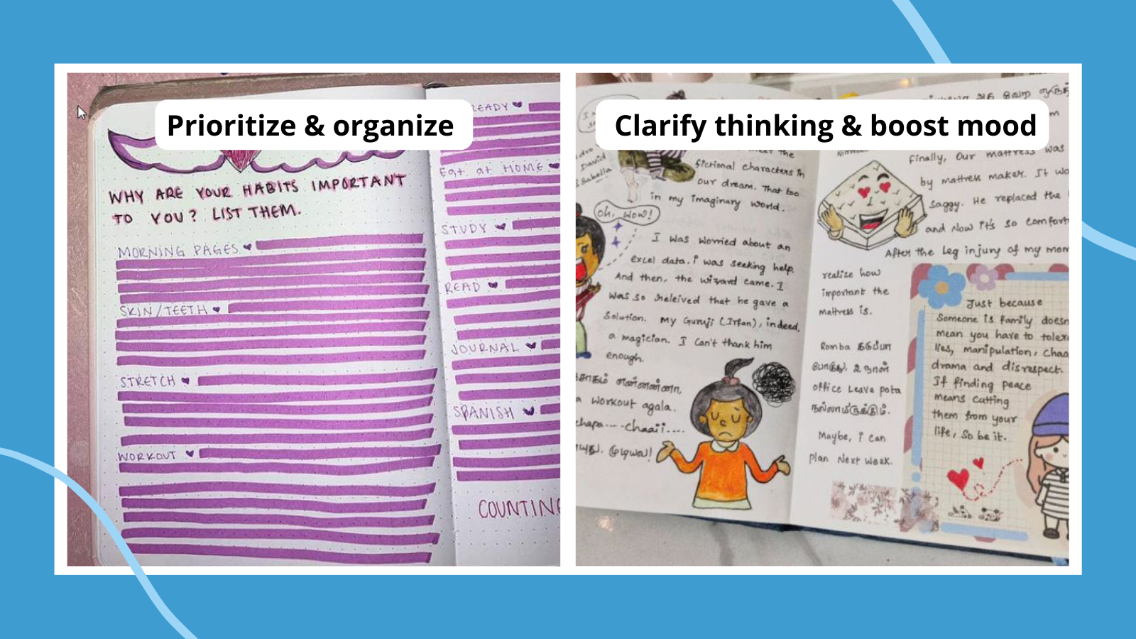 Collage of the benefits of journaling, including prioritize & organize and clarify thinking & boost mood