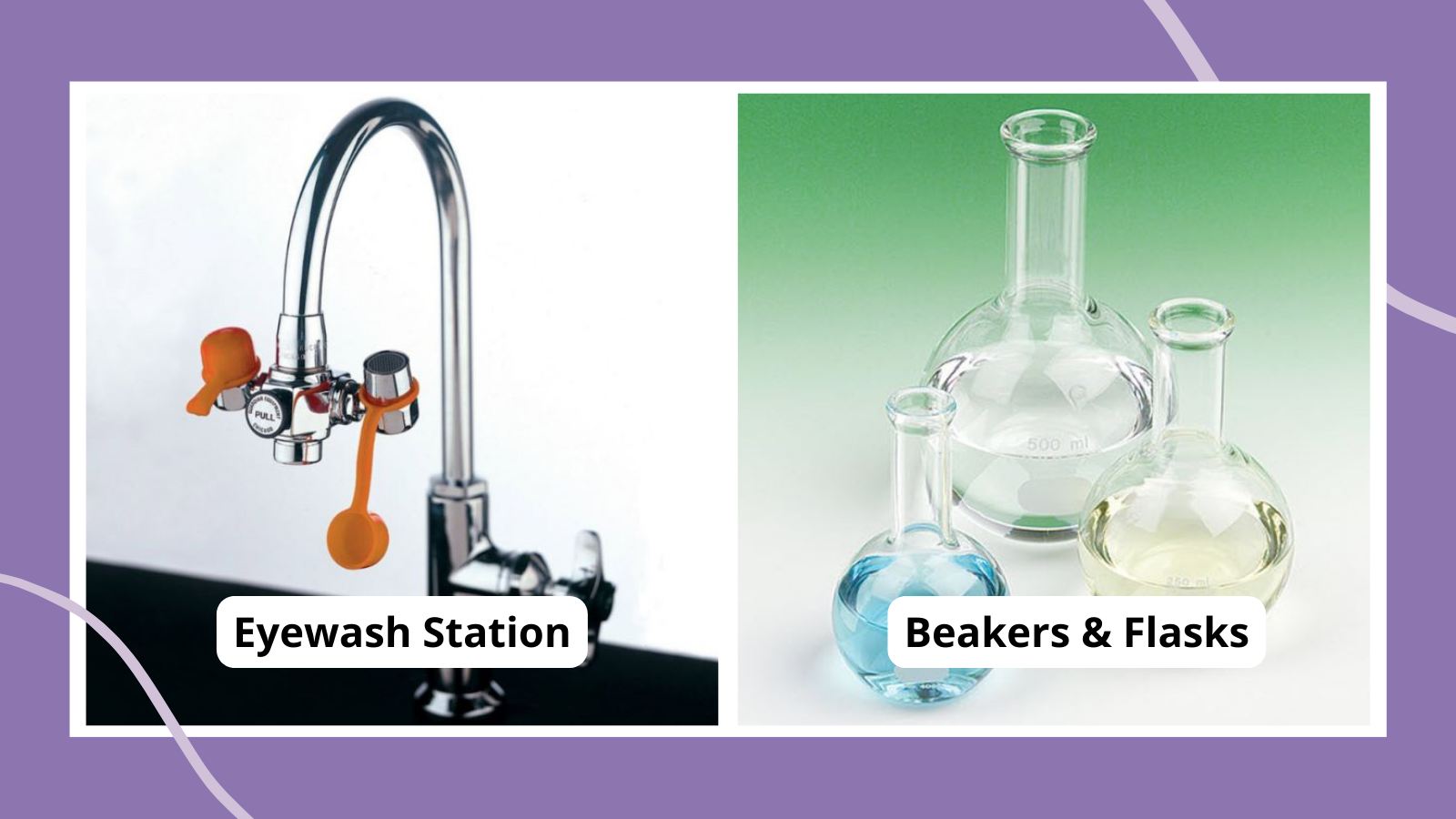 Collage of chemistry lab equipment for classrooms, including an eyewash station and beakers and flasks