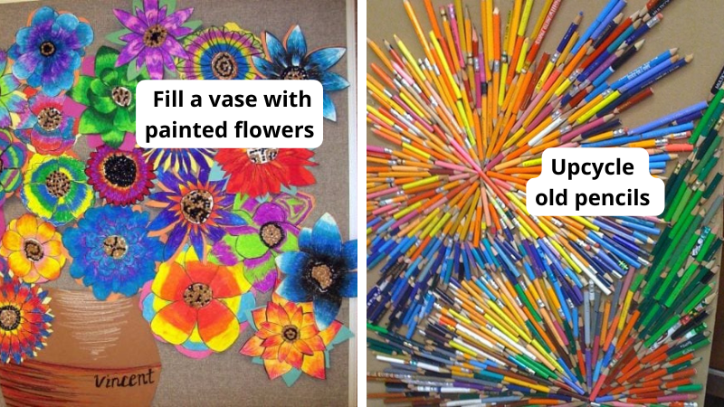 Examples of collaborative art project including watercolor painted flowers in a vase and old pencils upcycled into a sculpture.