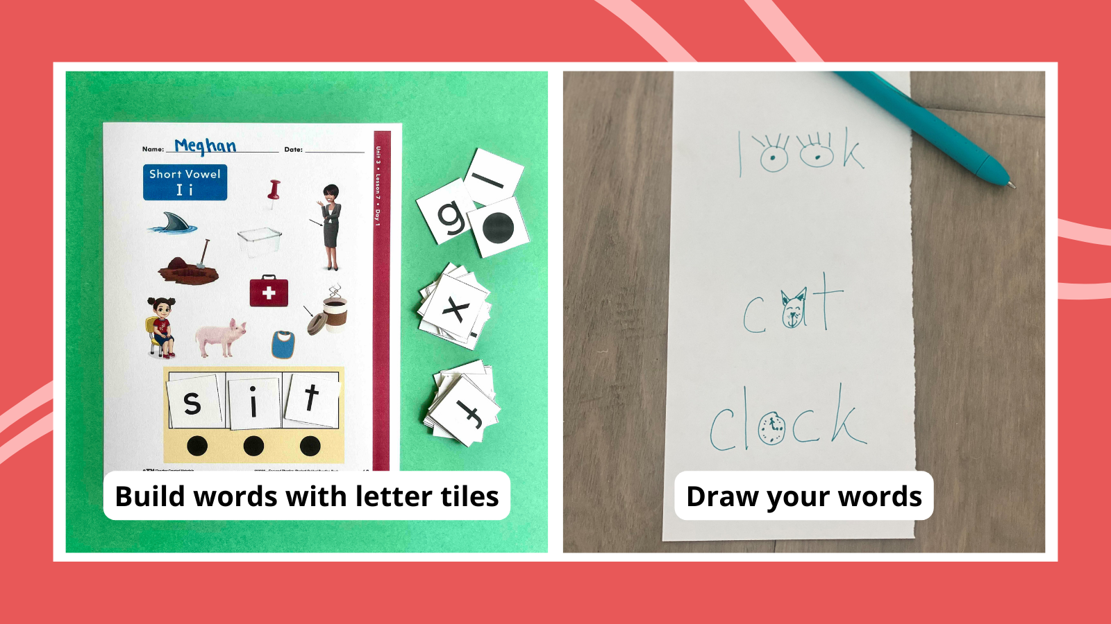 Decoding strategies including drawing words and using concept cards and letter tiles
