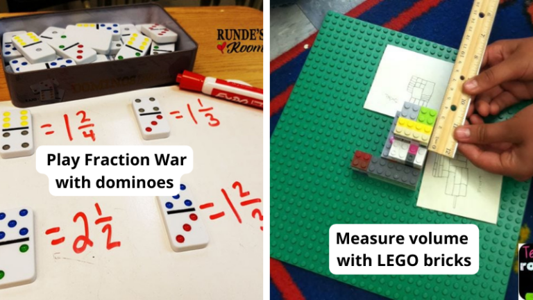 Examples of fifth grade math game including measuring volume with LEGO bricks and playing Fraction War with dominoes.