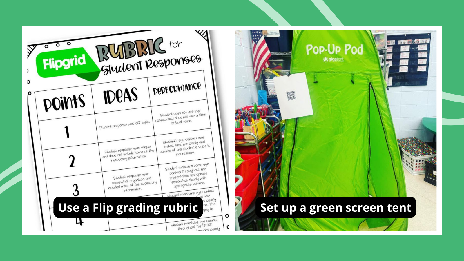 Collage of ideas for using Flip in the classroom, including a grading rubric and green screen tent