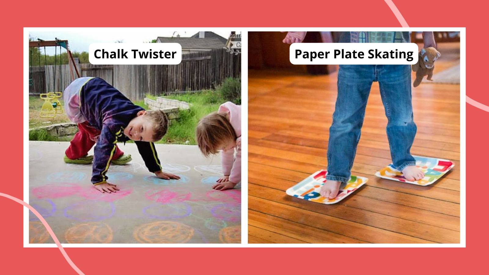 Gross motor activities, including kids playing chalk Twister and a child skating on paper plates in bare feet on the wood floor.
