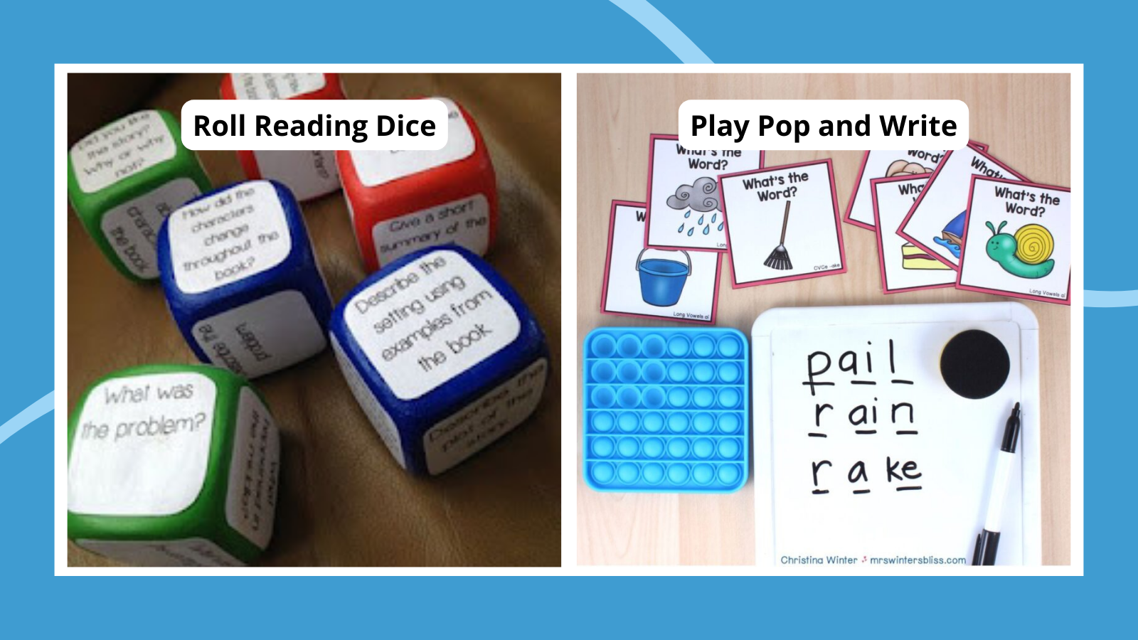 Examples of guided reading activity ideas such as rolling reading dice and playing Pop and Write..