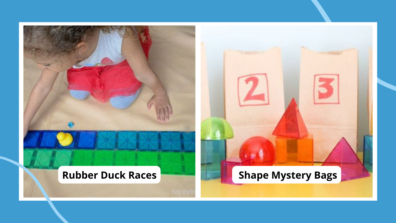 Collage of kindergarten math games, including rubber duck races and shape mystery bags