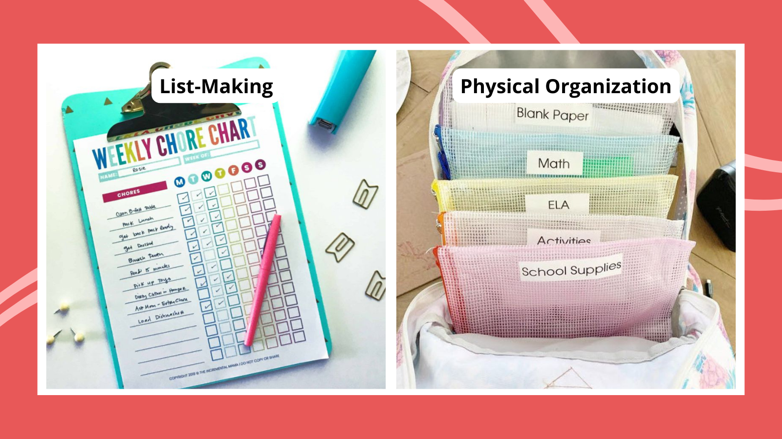 Collage of organizational skills for students, including a chore checklist and organized backpack