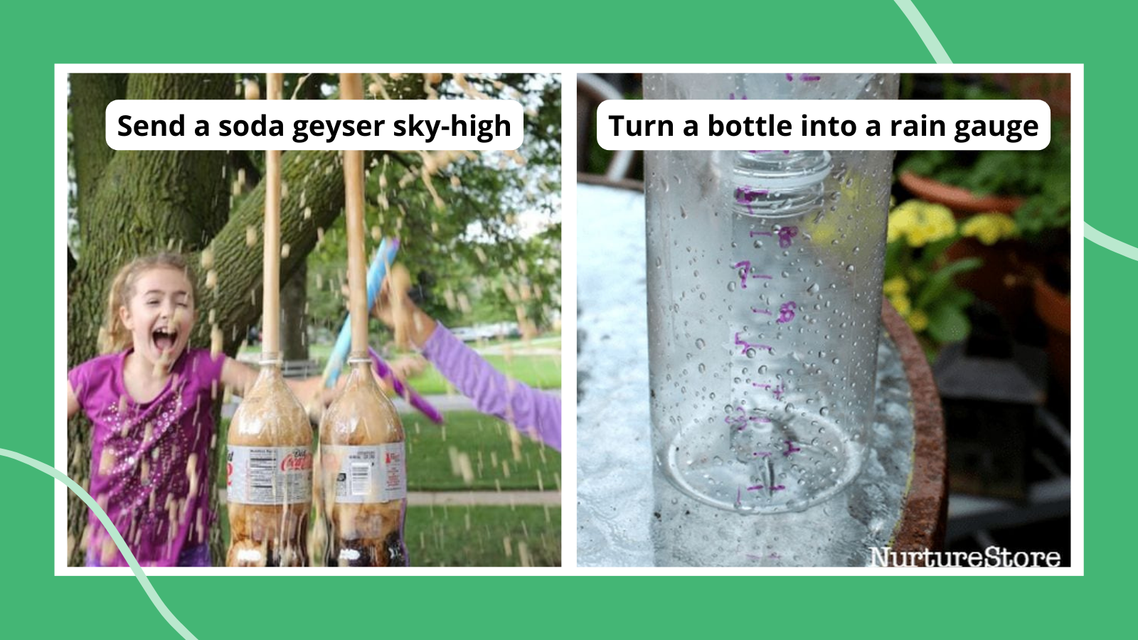 Examples of outdoor science activities on a green background, including kids exploding a soda geyser and making a rain gauge out of a clear bottle.