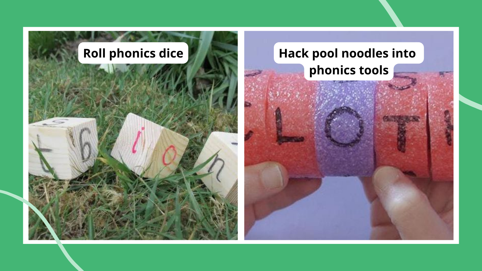 Phonics activities including rolling wooden phonics dice on the grass and hacking pool noodles into phonics tools