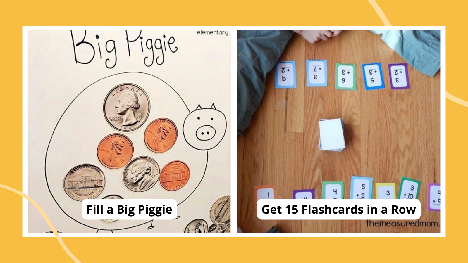 Collage of second grade math games, including Fill a Big Piggie and Get 15 Flashcards in a Row