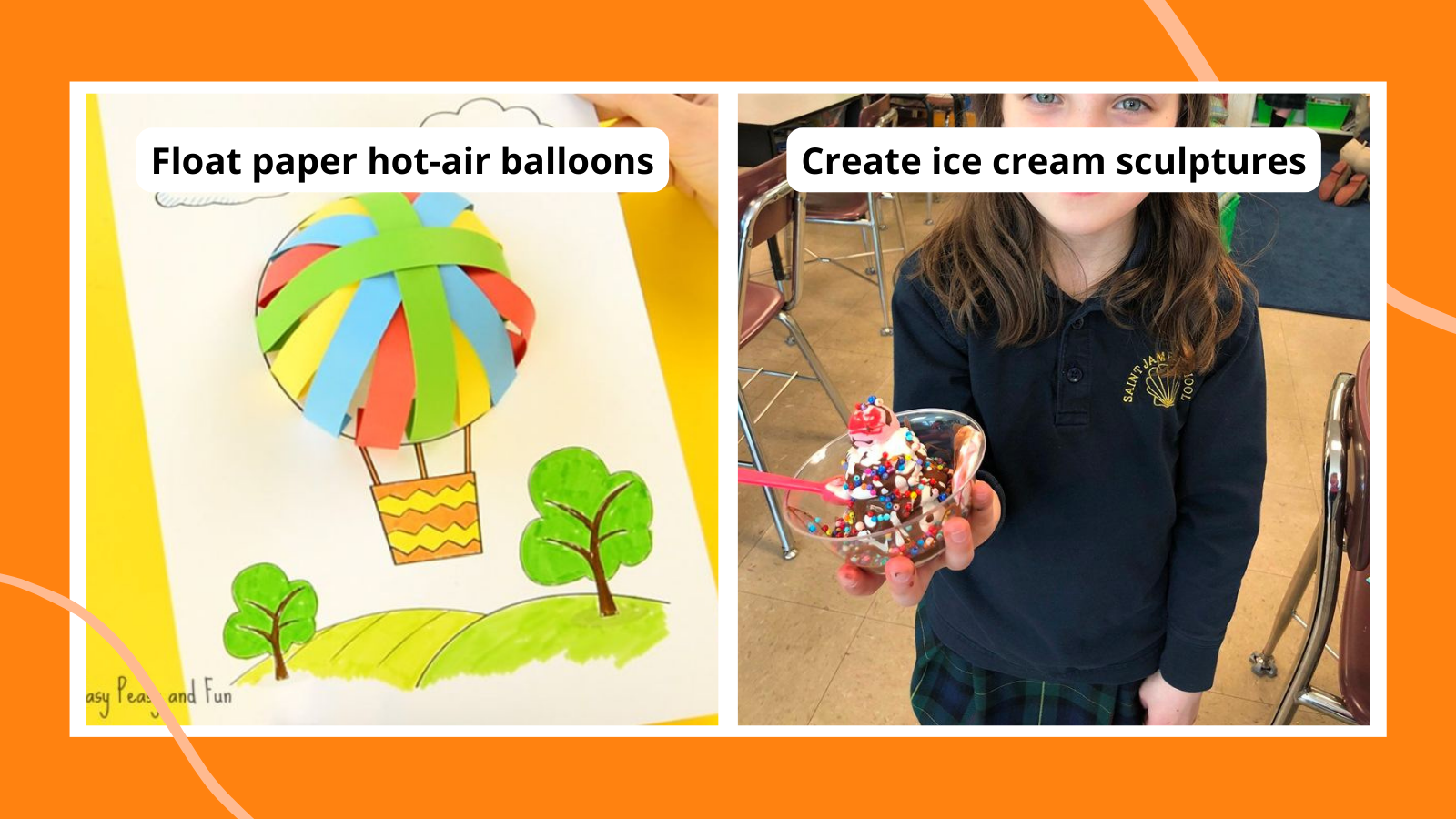 Examples of second grade art projects including a girl holding an ice cream sculpture and a 3D hot air balloon drawing.