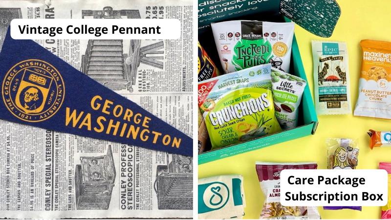 Vintage George Washington college pennant on newspaper background and care package subscription box filled with munchies and sweets