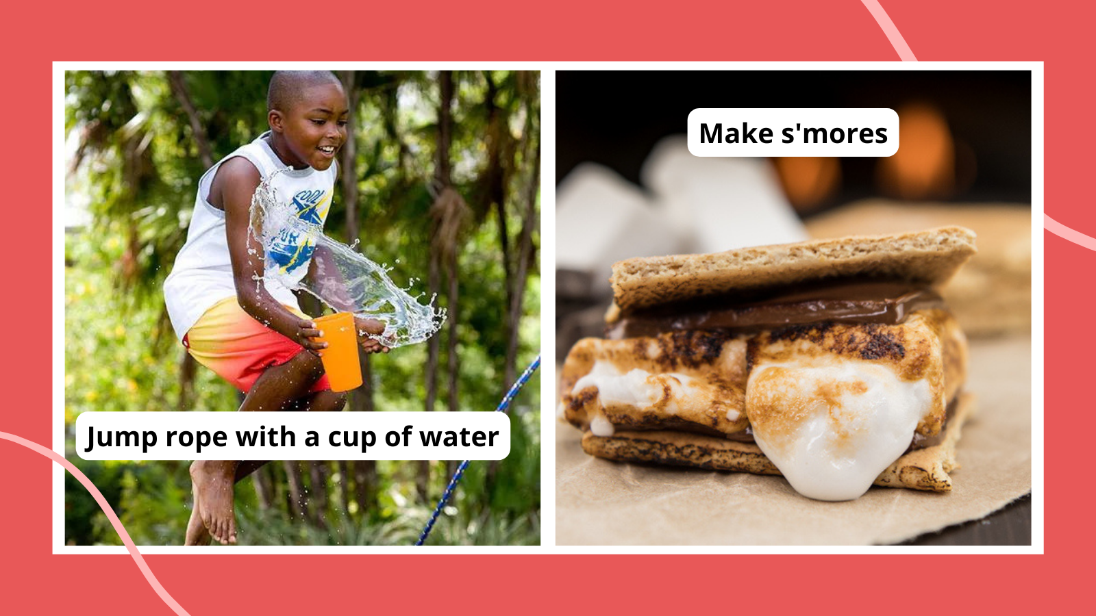Summer camp activities including a boy jumping rope holding a cup of water and a s'more made on the campfire.