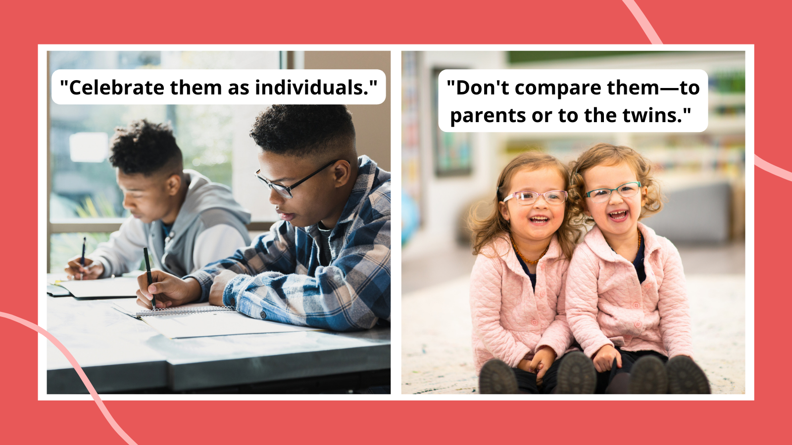 Paired images of twins with advice about teaching twins