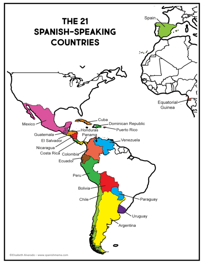 map of Spanish speaking countries for Hispanic heritage month